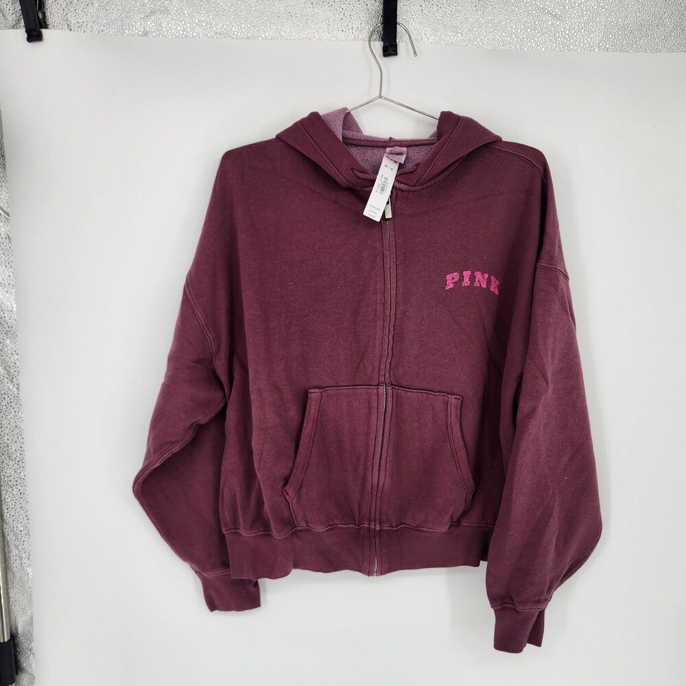Victoria's Secret Women's‎ Berry Red Medium Campus Fleece Full Zip Hoodie NWT